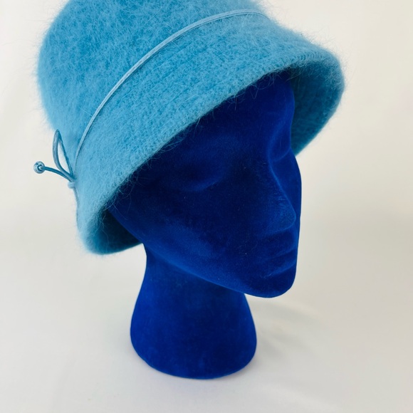 Cheveux CC Teal Blue Angora Blend Bucket Pill Box Hat with leather bow One Size - Picture 11 of 12